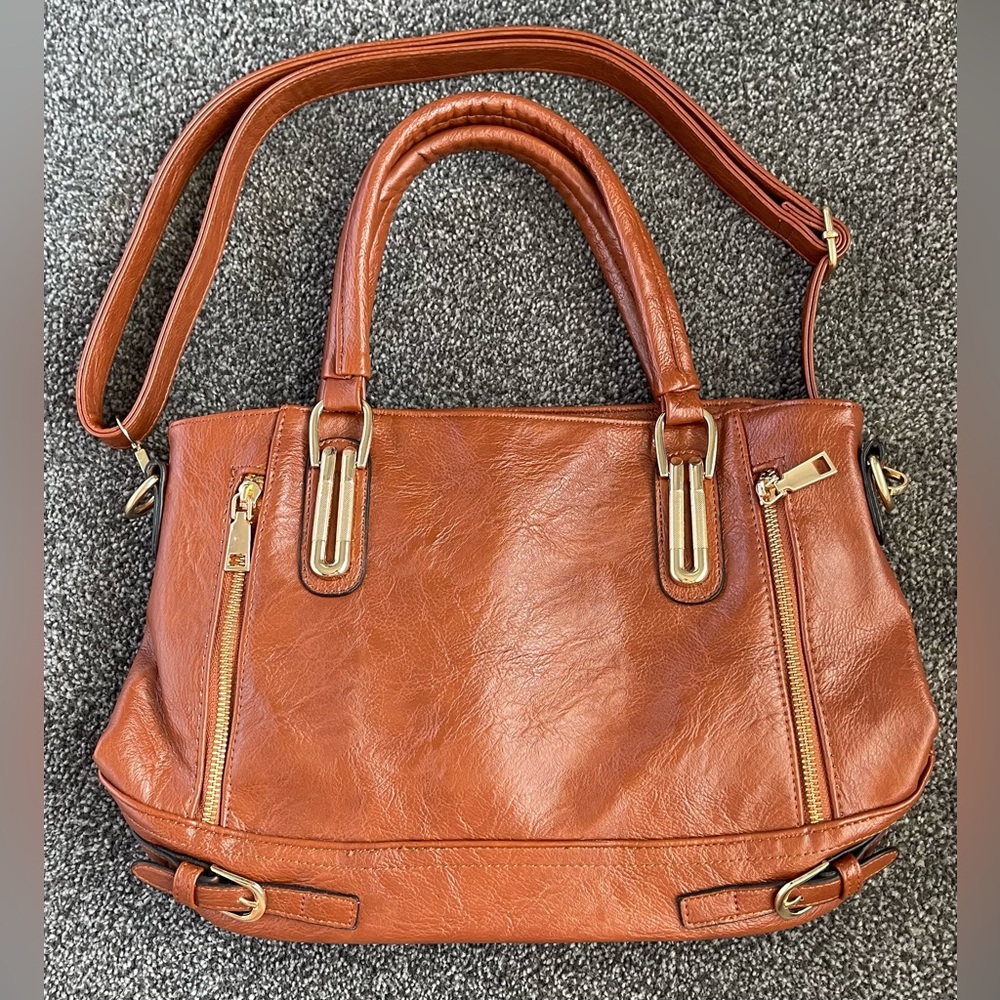 Chrispaulo Brown Faux Leather Large Satchel Shoulder Bag w/ Detachable Strap EUC